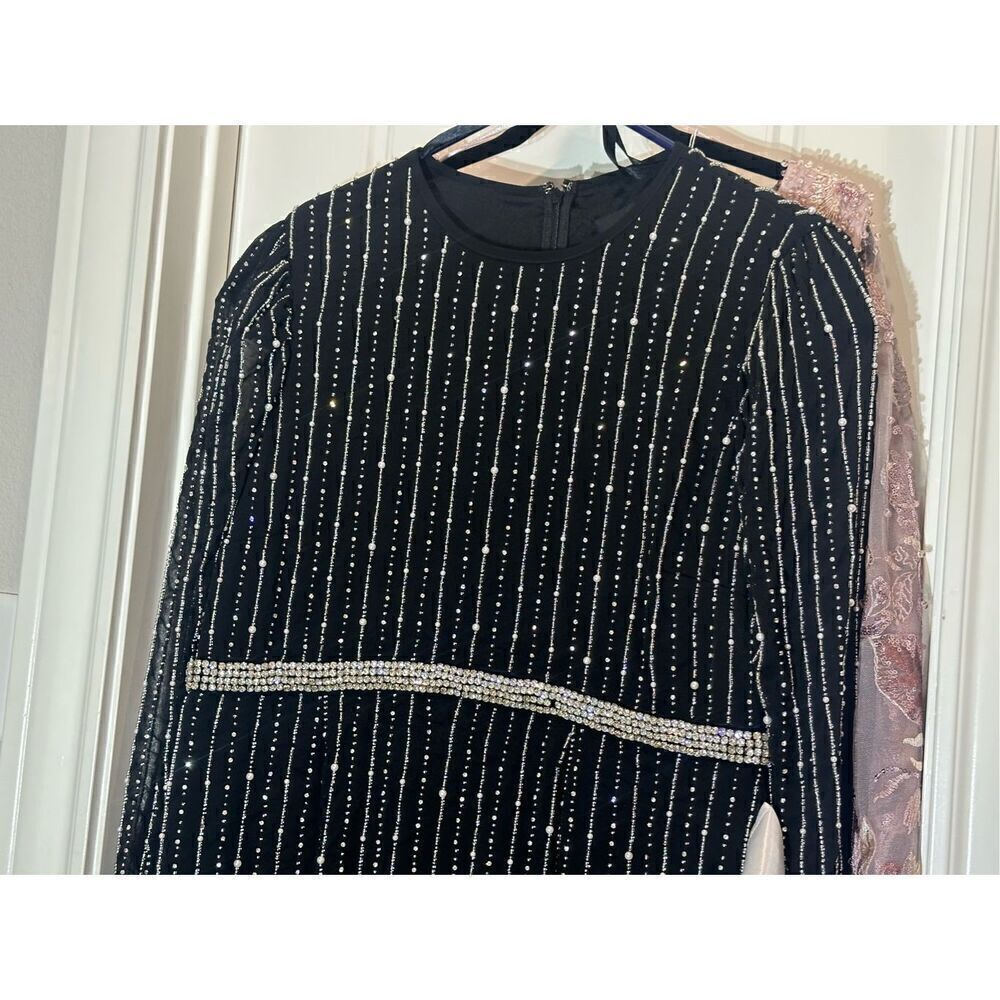 Mac Duggal NWT size 16 long sleeve beaded black midi dress READ NOTES style 9362 - Picture 6 of 16